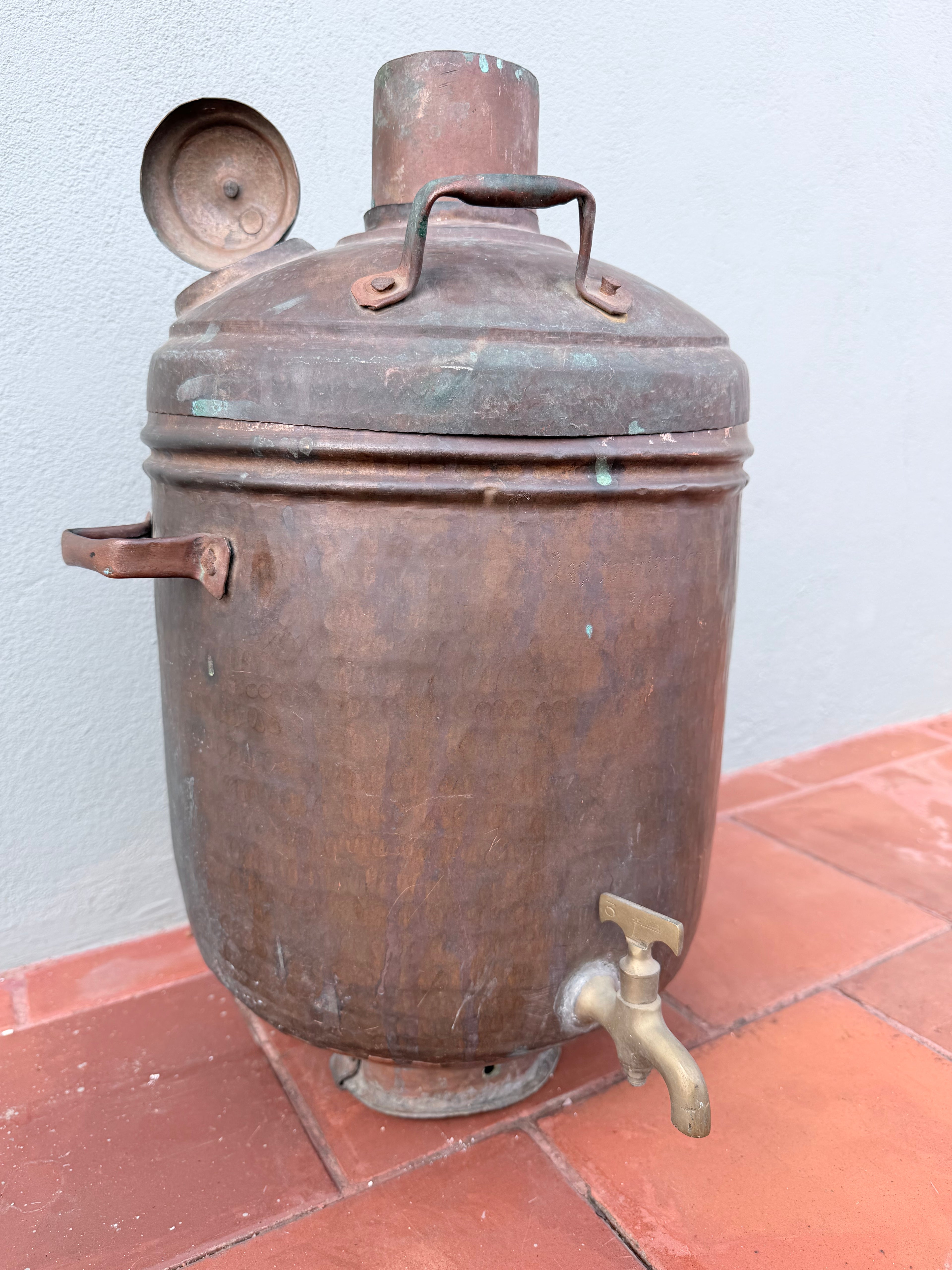 Antique Copper Boiler with Brass Tap | Vintage Indian Water Heating Vessel | Traditional Copper Samovar Style Boiler