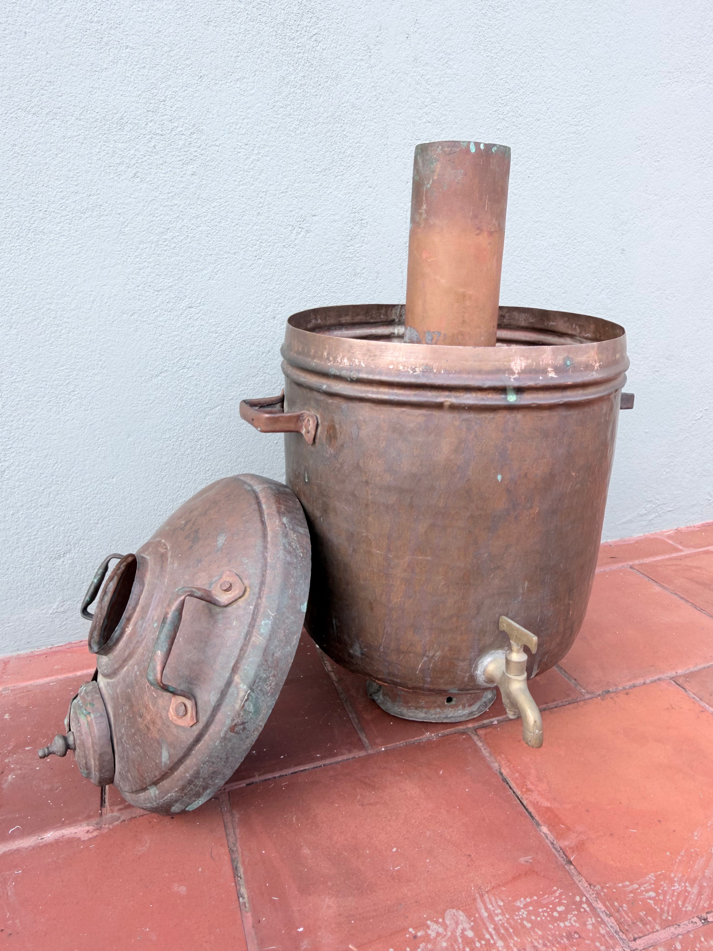 Antique Copper Boiler with Brass Tap | Vintage Indian Water Heating Vessel | Traditional Copper Samovar Style Boiler