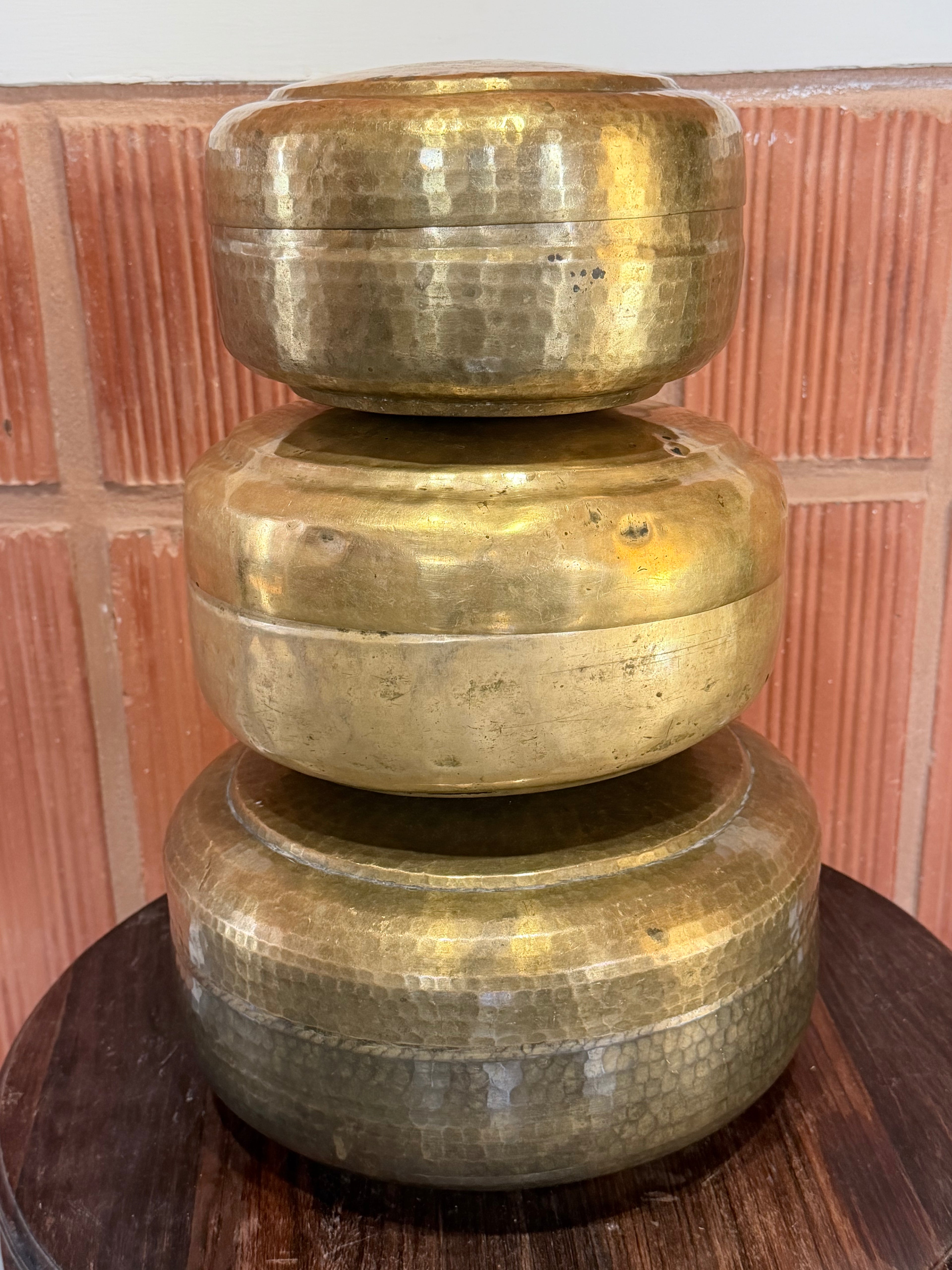 Antique Brass Hand-Hammered Storage Containers Set | Vintage Indian Kitchenware | Traditional Brass Dabba Collection (Set of 3)