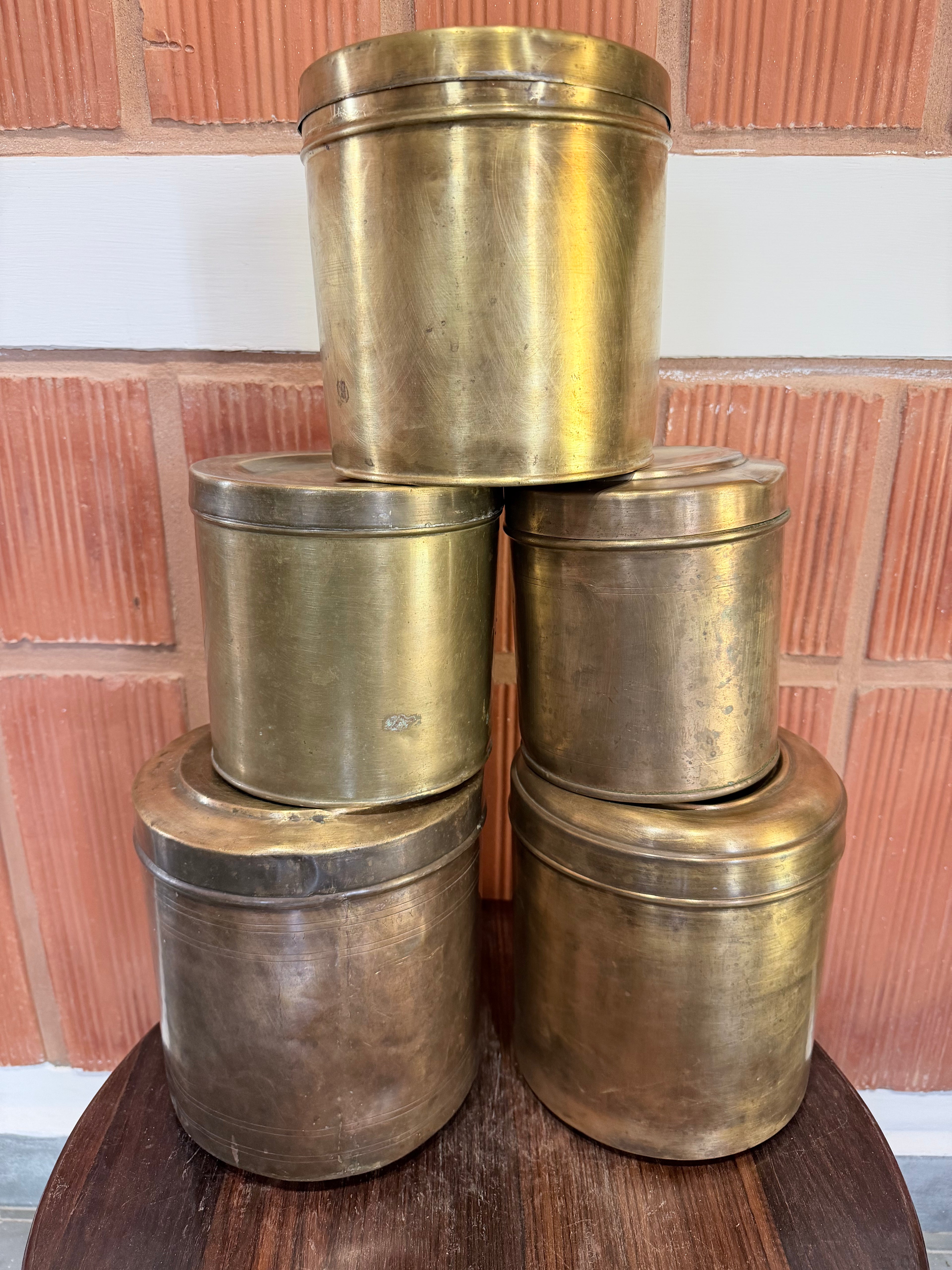 Antique Brass Storage Containers Set | Vintage Indian Kitchen Canisters | Handcrafted Brass Dabba Collection (Set of 5)