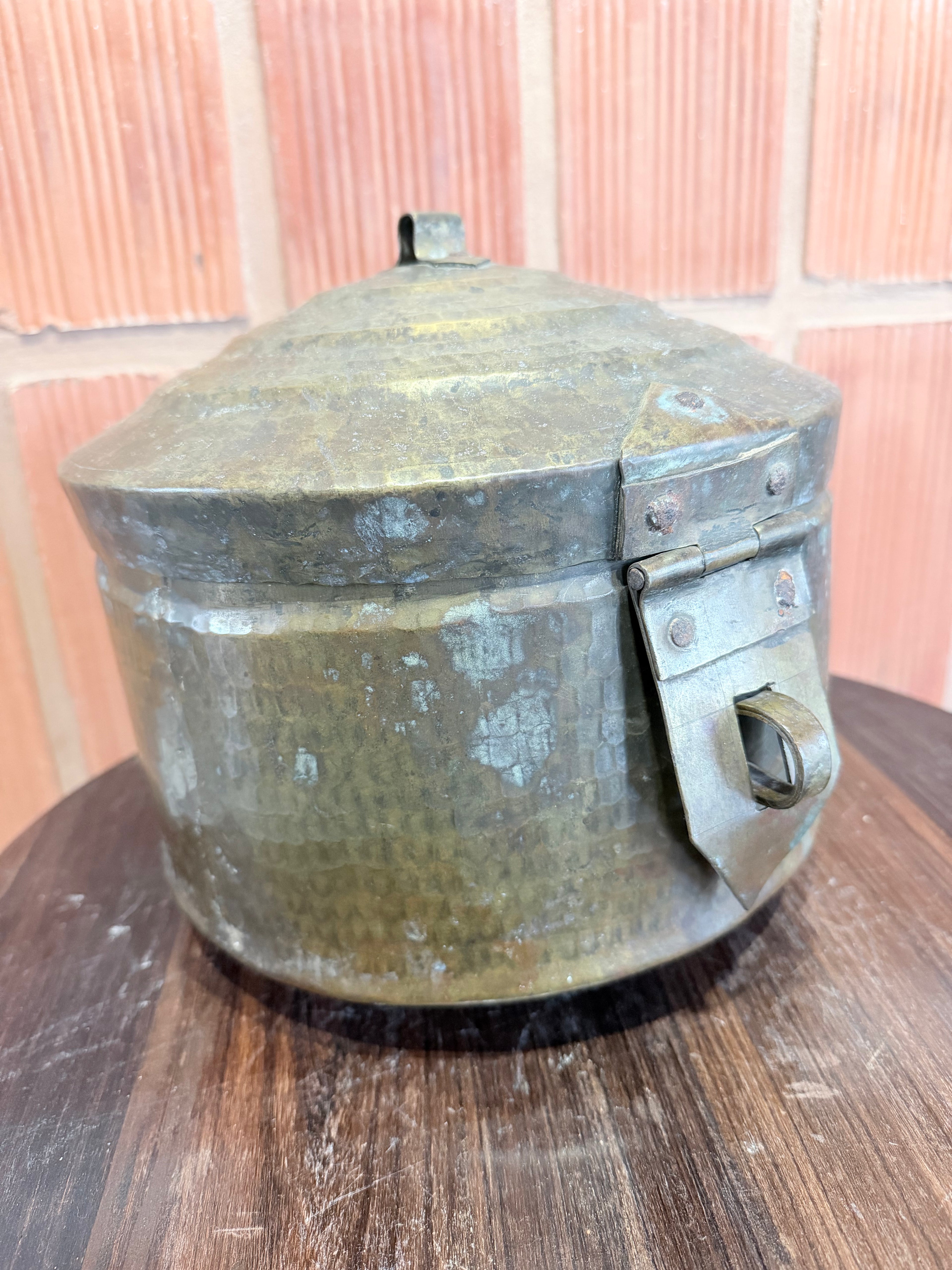 Antique Hand-Hammered Brass Storage Box with Lid & Latch – Traditional Indian Utility Container | Vintage Collectible