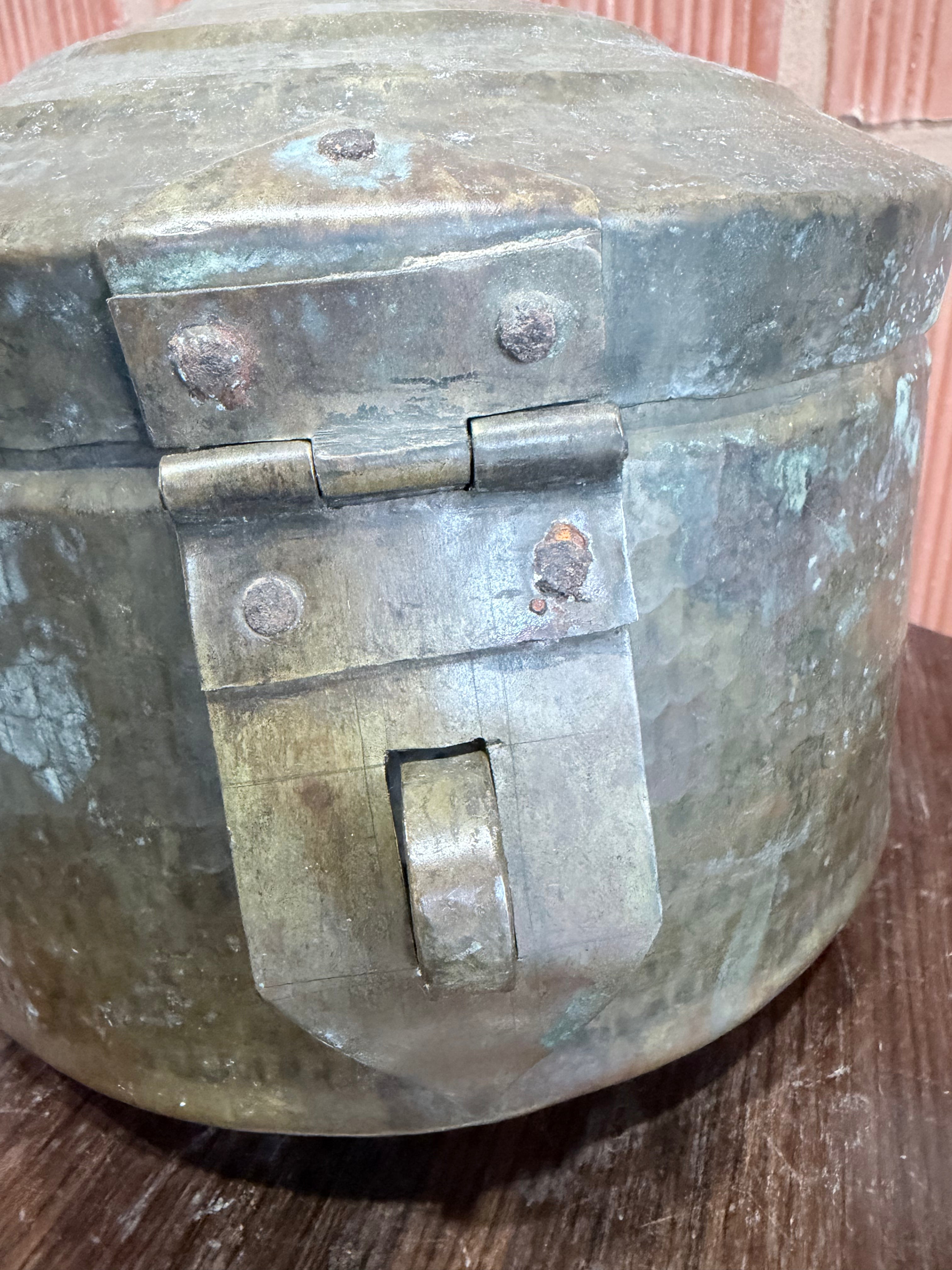Antique Hand-Hammered Brass Storage Box with Lid & Latch – Traditional Indian Utility Container | Vintage Collectible