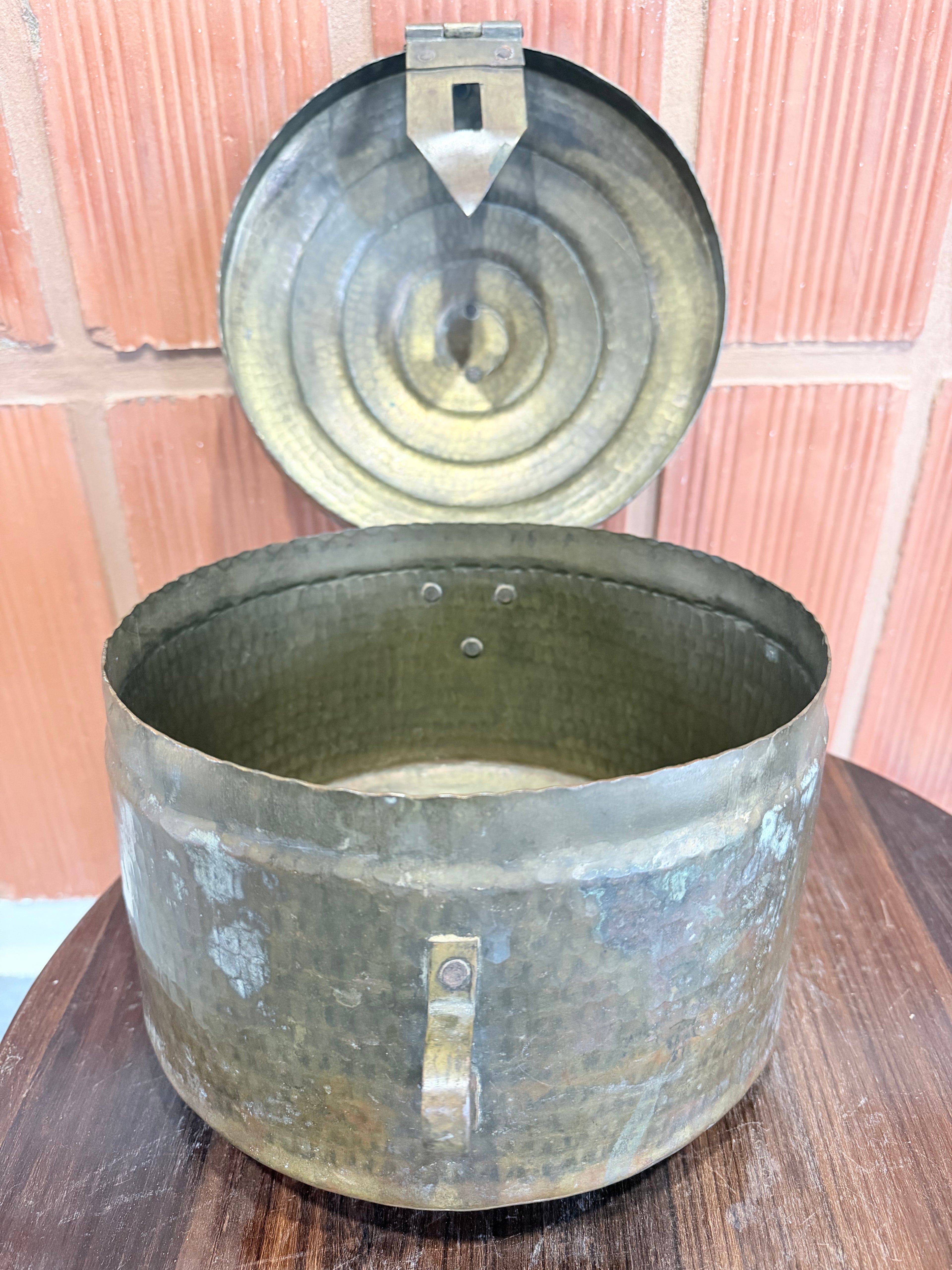 Antique Hand-Hammered Brass Storage Box with Lid & Latch – Traditional Indian Utility Container | Vintage Collectible