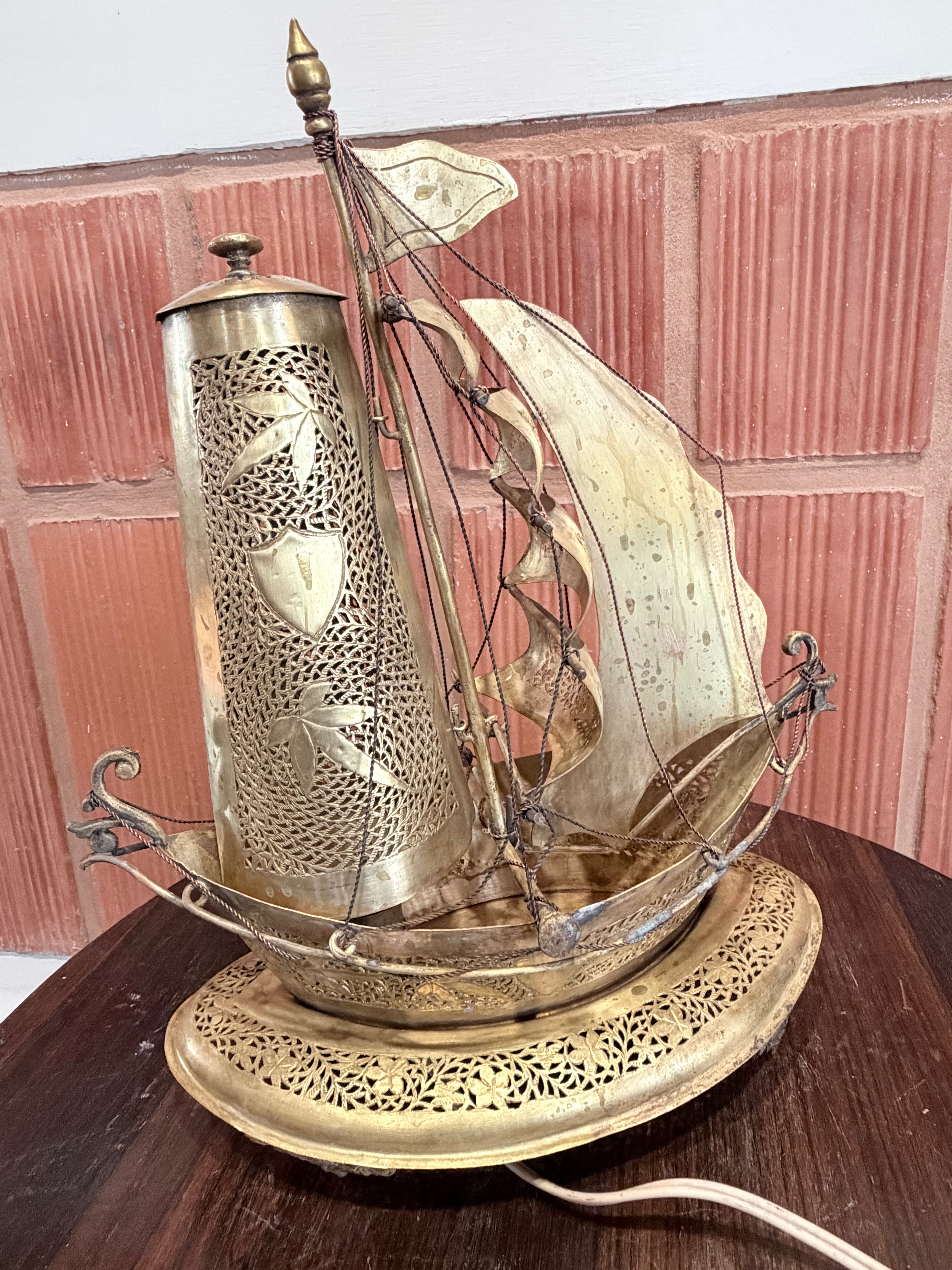 1950'Vintage German Brass Ship Table Lamp with Filigree Work – Nautical Decorative Light