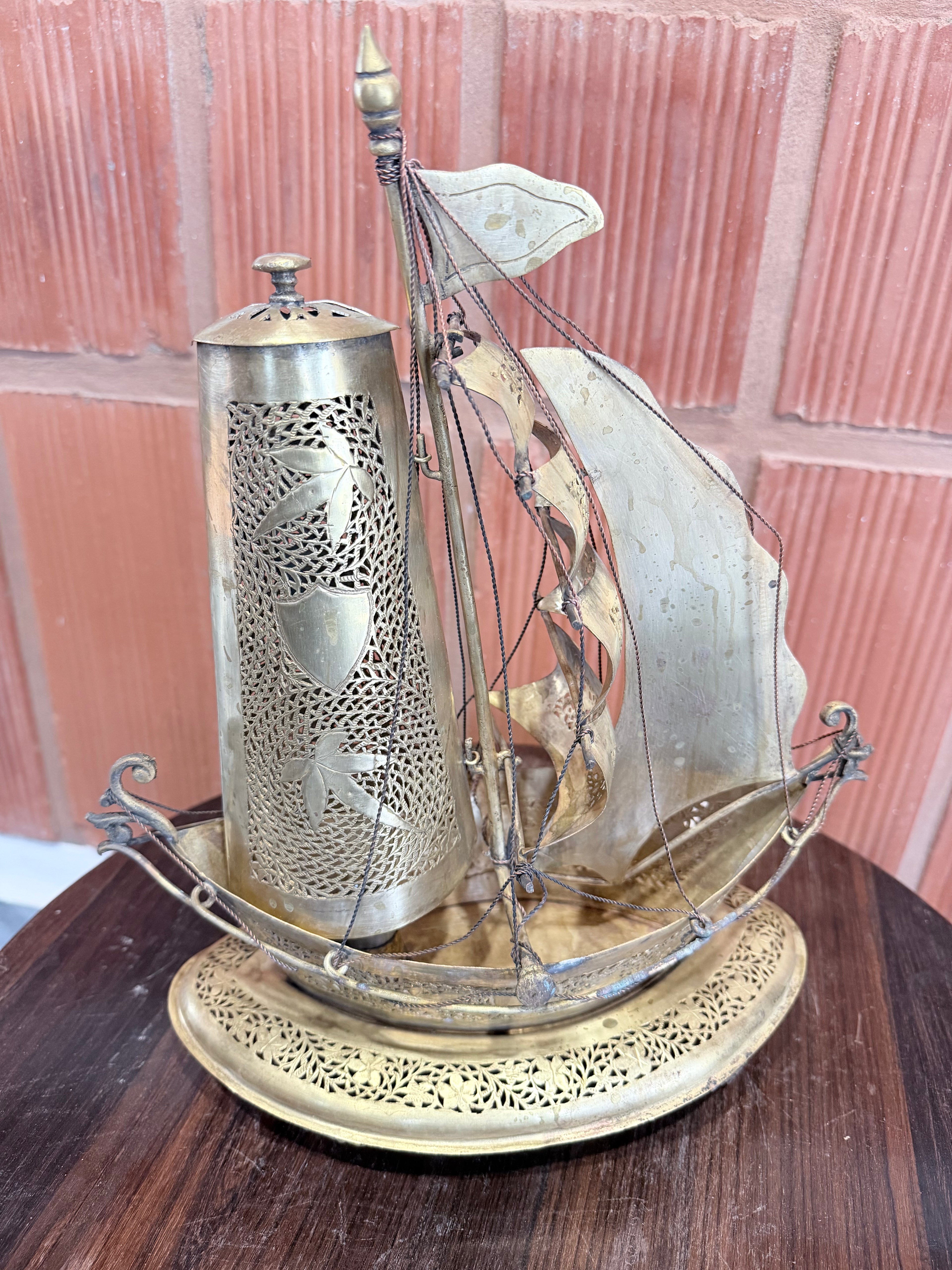 1950'Vintage German Brass Ship Table Lamp with Filigree Work – Nautical Decorative Light