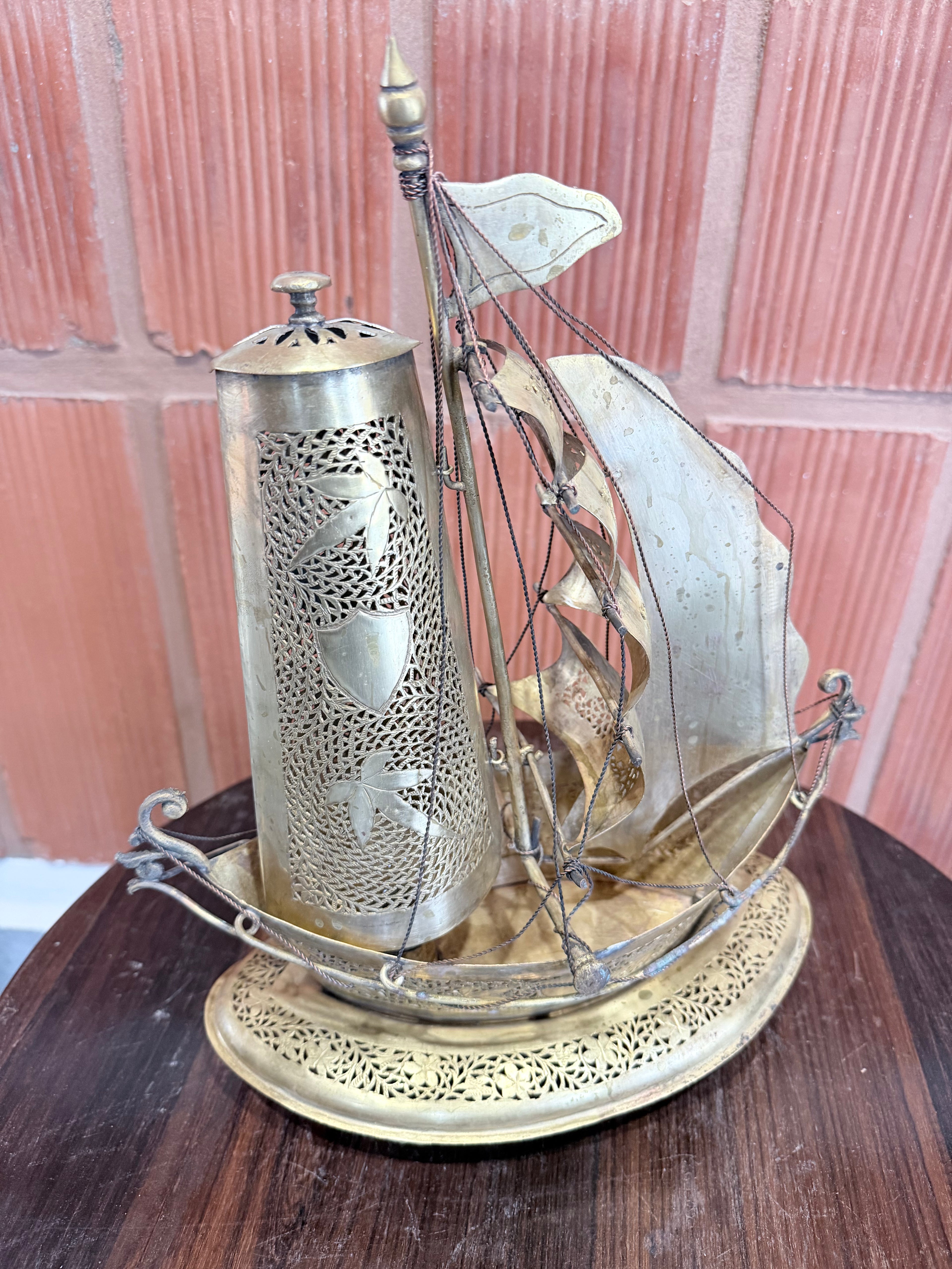 1950'Vintage German Brass Ship Table Lamp with Filigree Work – Nautical Decorative Light