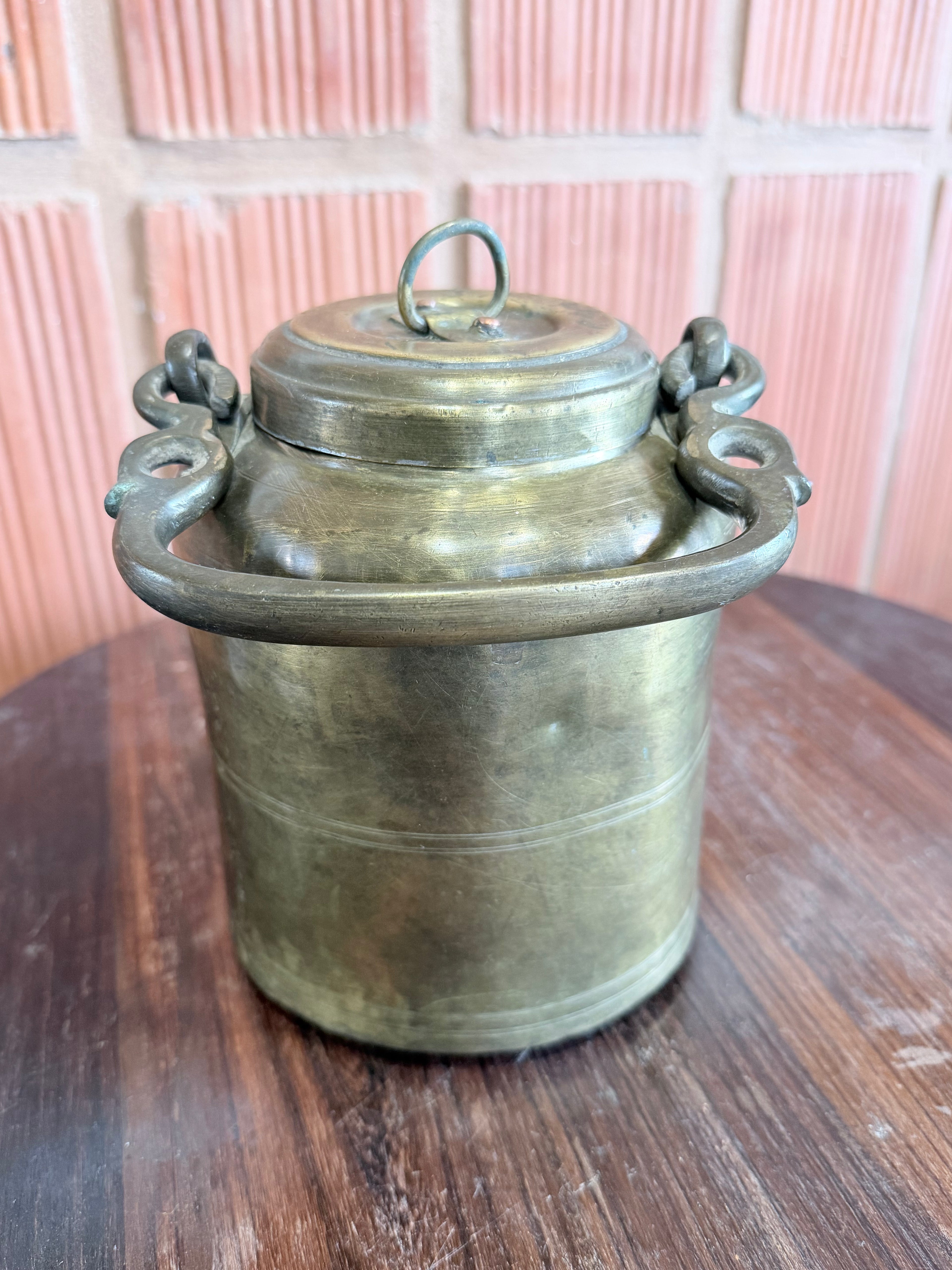 Antique Solid Brass Storage Container with Side Handles & Lid – Traditional Indian Ghee or Oil Pot | Vintage Collectible