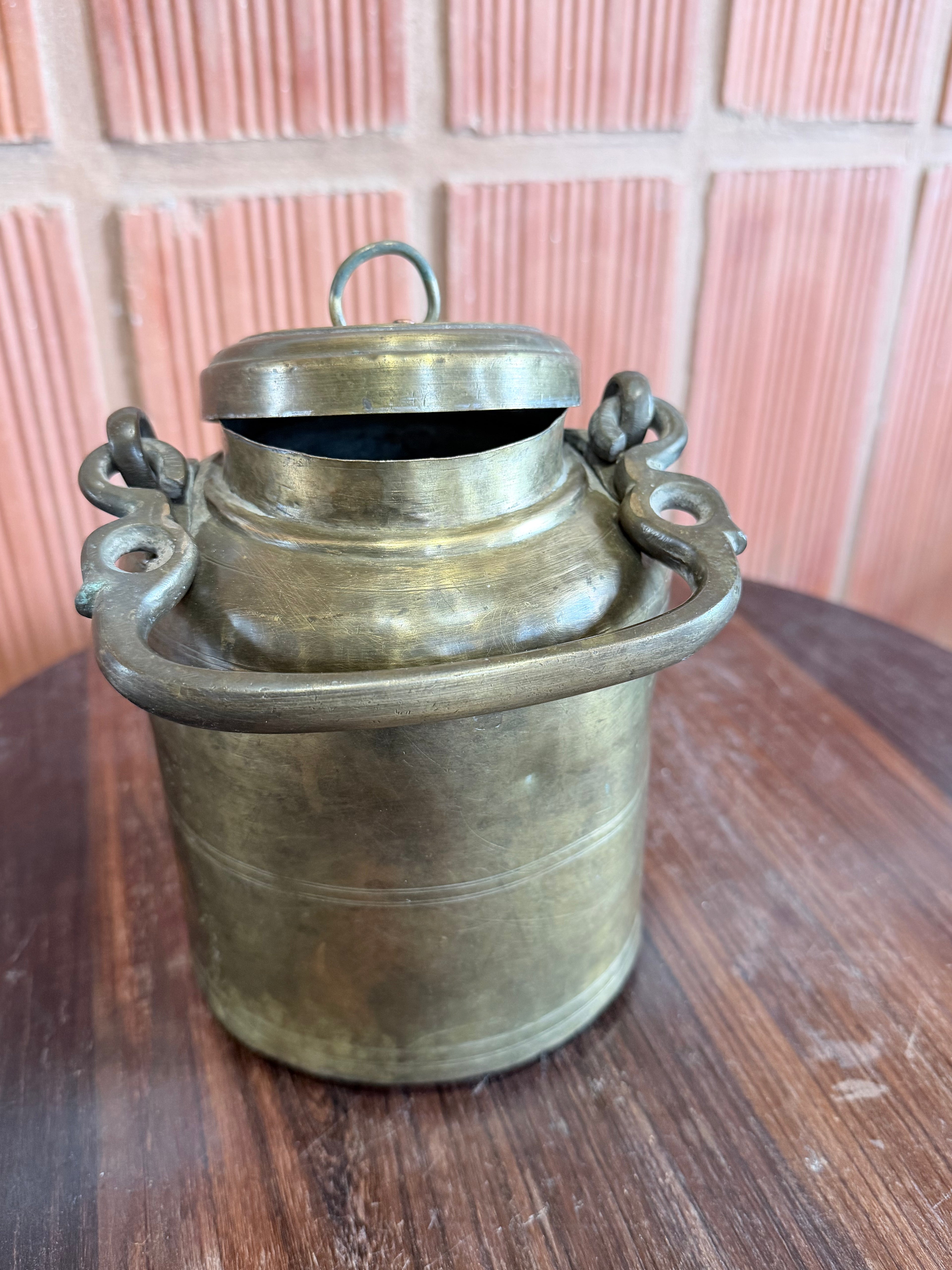 Antique Solid Brass Storage Container with Side Handles & Lid – Traditional Indian Ghee or Oil Pot | Vintage Collectible
