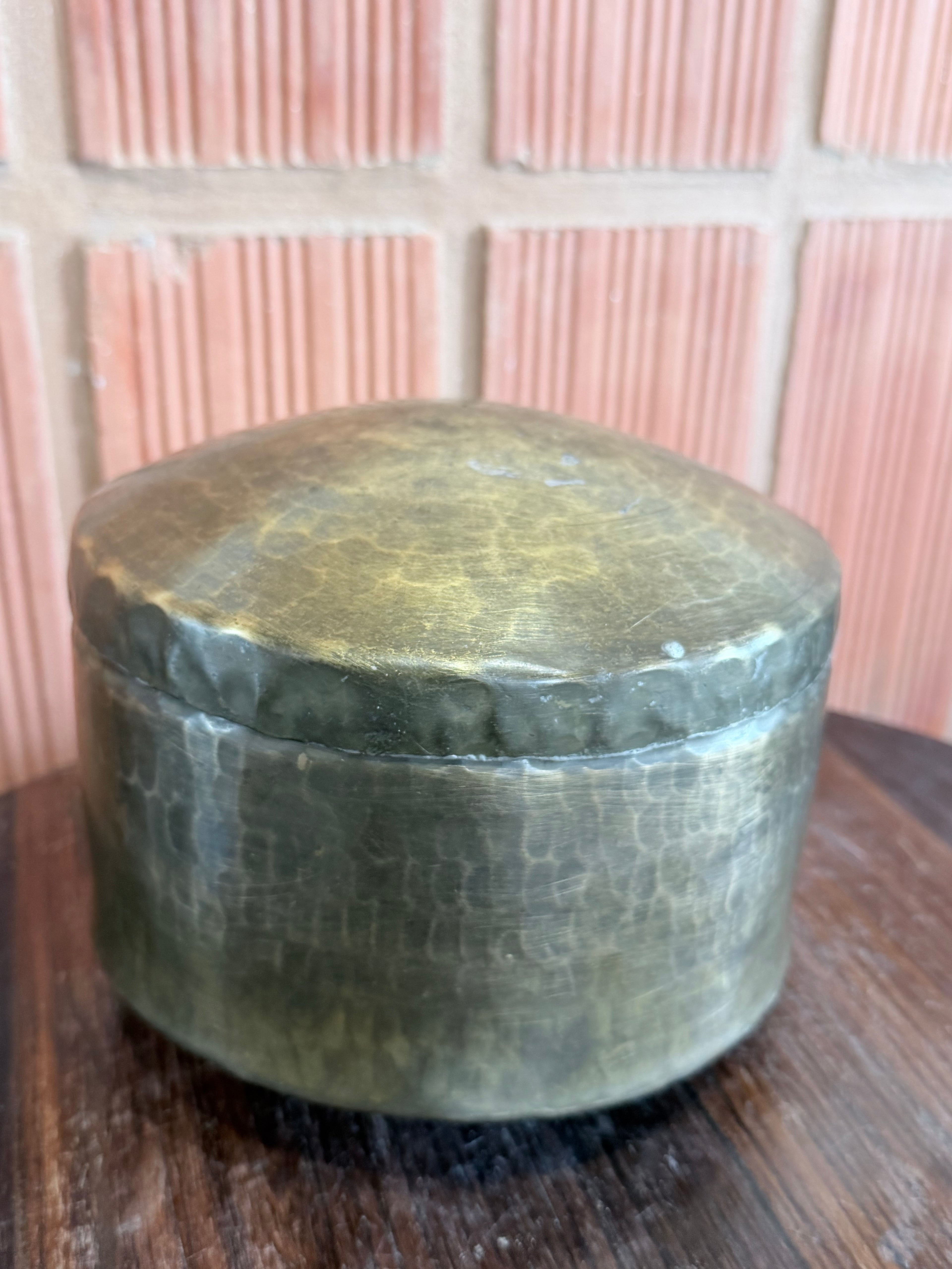 Antique Hand-Hammered Brass Round Storage Box with Lid – Traditional Indian Utility Container | Vintage Collectible