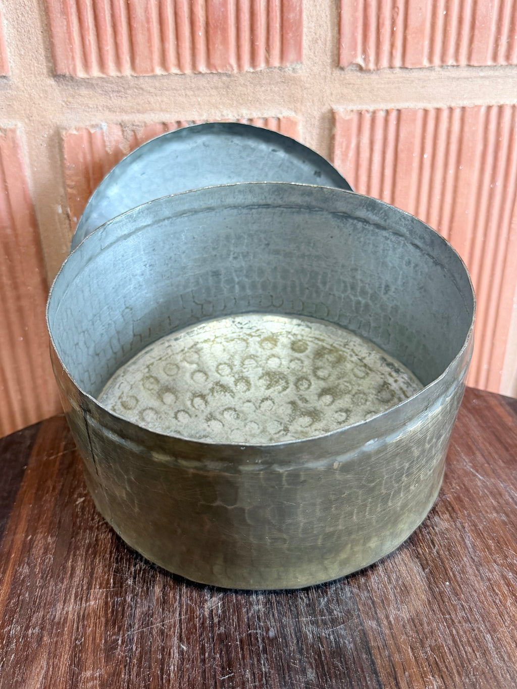 Antique Hand-Hammered Brass Round Storage Box with Lid – Traditional Indian Utility Container | Vintage Collectible