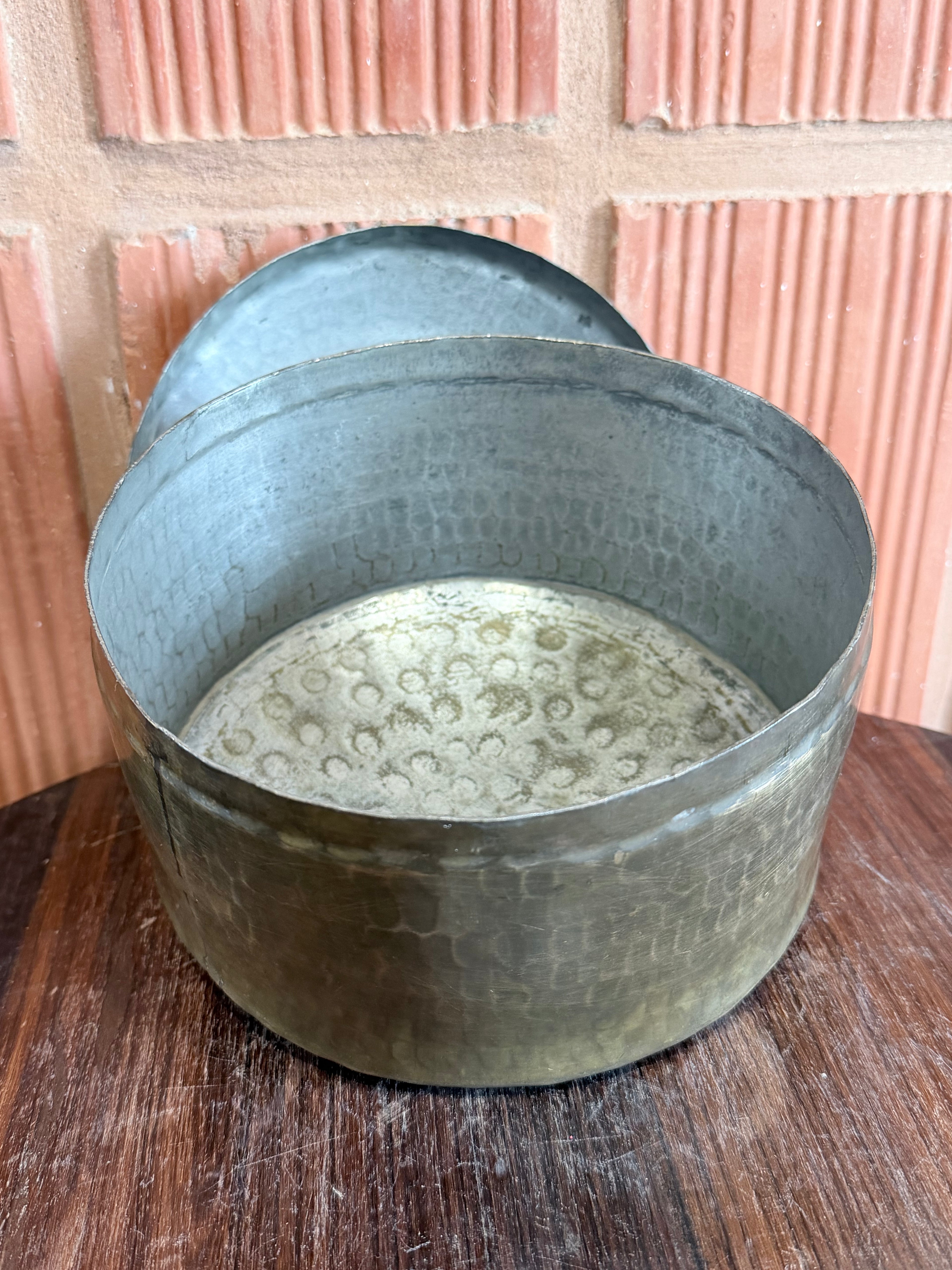 Antique Hand-Hammered Brass Round Storage Box with Lid – Traditional Indian Utility Container | Vintage Collectible