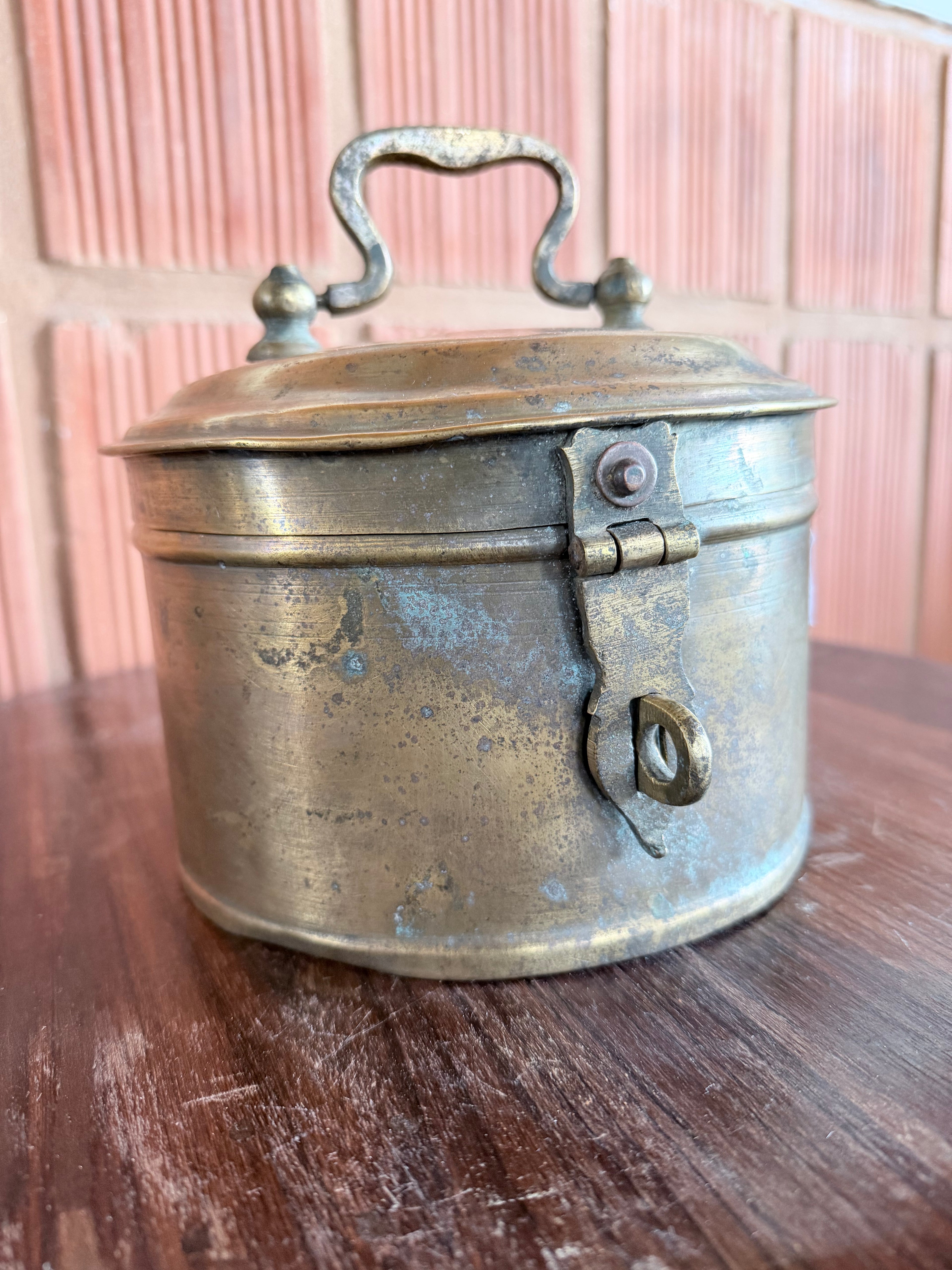 Antique Handcrafted Brass Storage Box with Lid & Latch – Traditional Indian Utility Container | Vintage Collectible