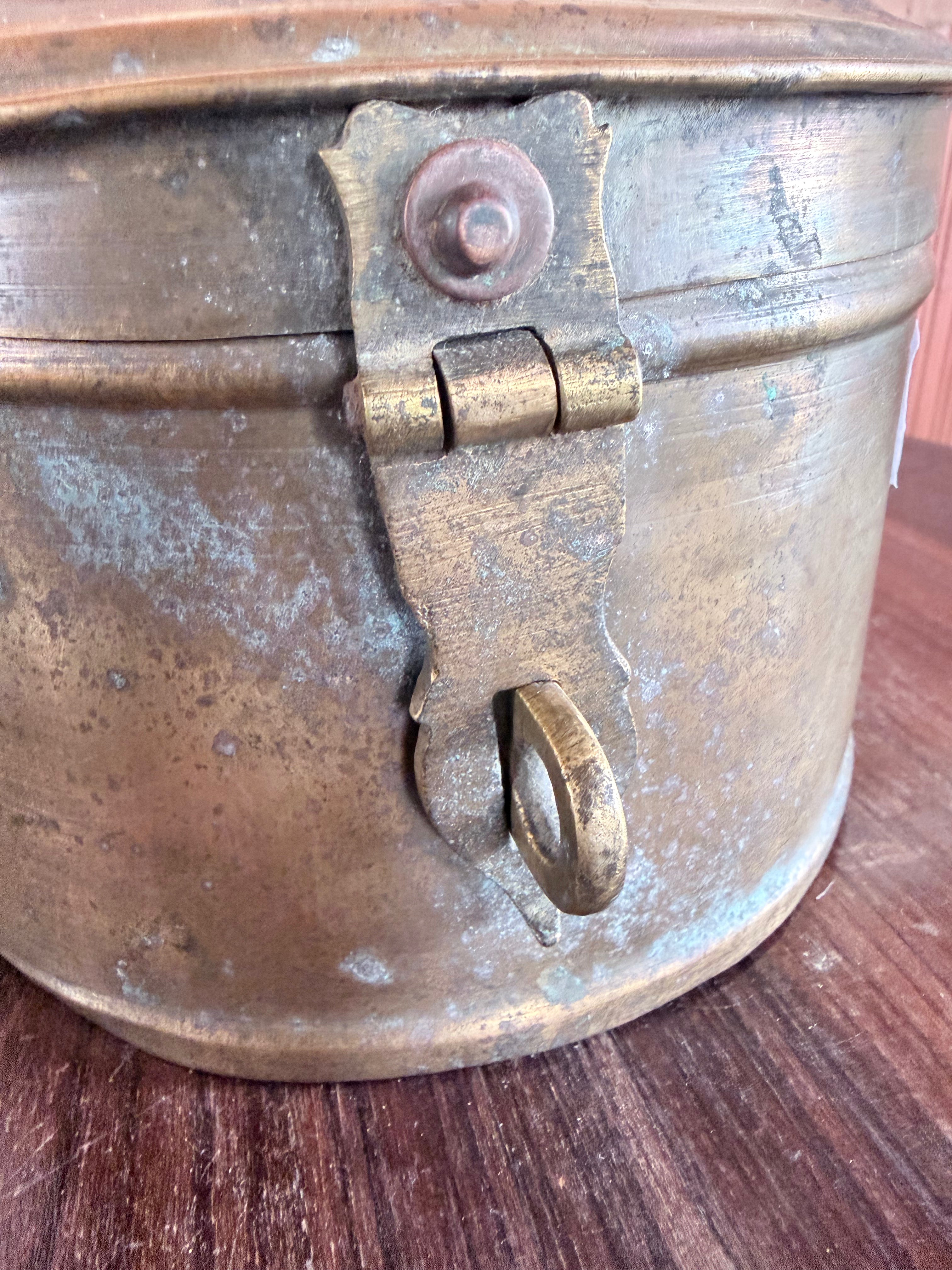 Antique Handcrafted Brass Storage Box with Lid & Latch – Traditional Indian Utility Container | Vintage Collectible