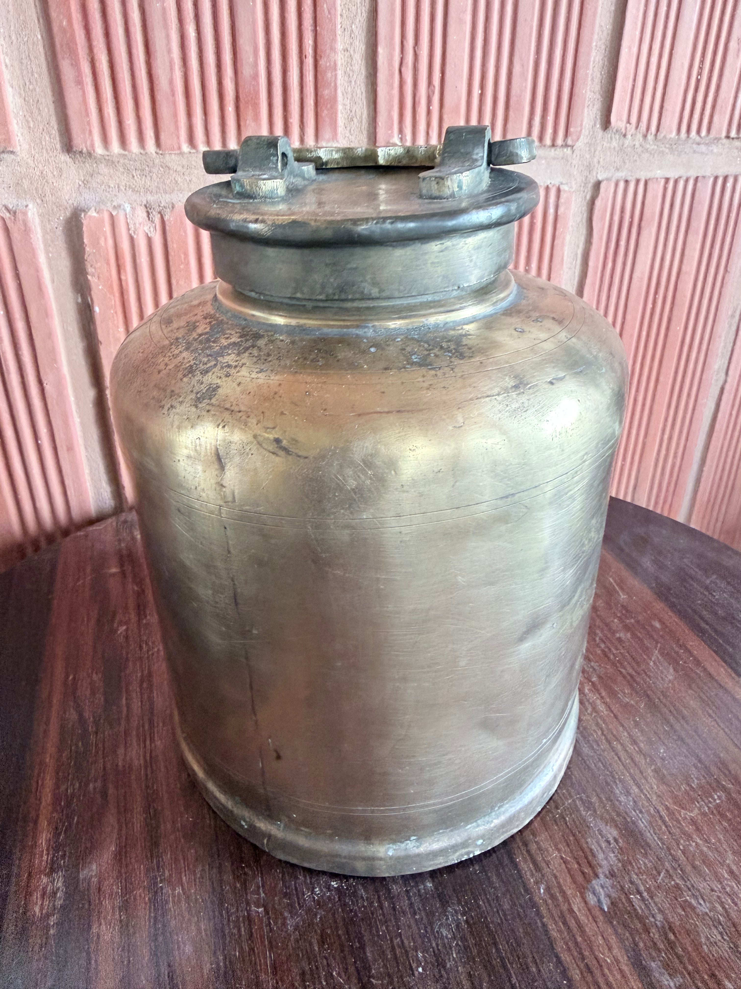 Antique Solid Brass Ghee Storage Container with Lid – Traditional Indian Kitchen Vessel | Vintage Heritage Piece