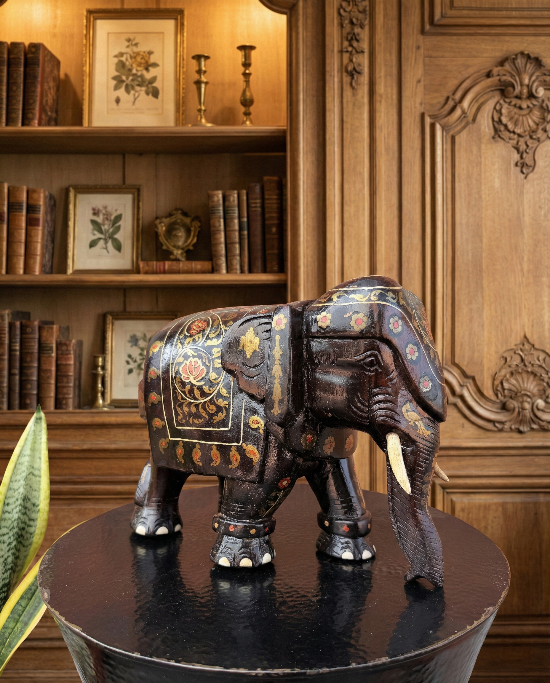 Royal Rosewood Elephant Figurine with Ivory & Brass Inlay