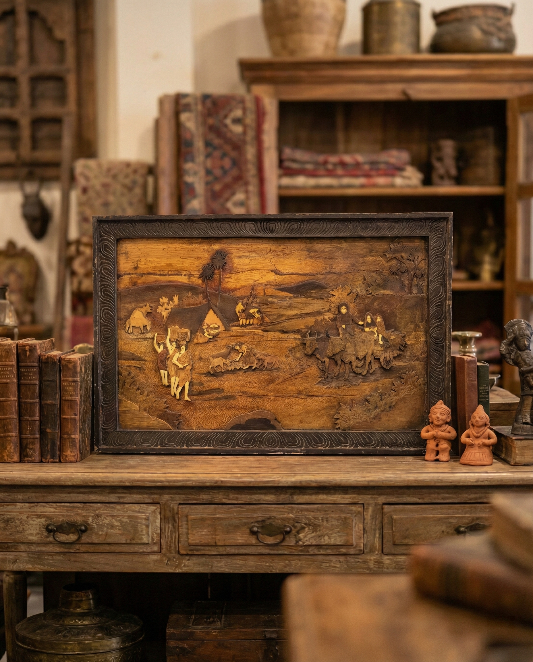 Vintage Hand-Carved Indian Village Life Panel – Framed Wooden Relief Artwork