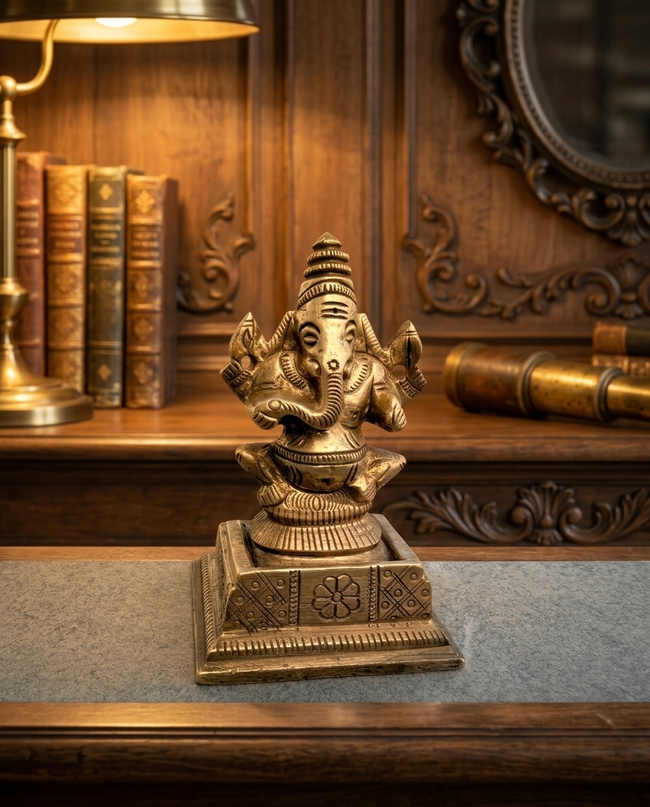 Antique South Indian Handlcrafted Brass Ganesha Sculpture on Ornate Pedestal – Collector’s Piece