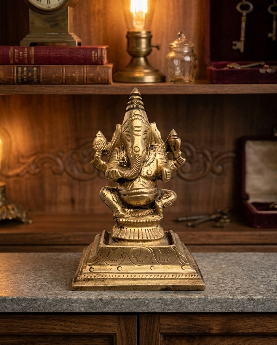 Antique South Indian Handcrafted Brass Ganesha Sculpture on Ornate Pedestal – Collector’s Piece