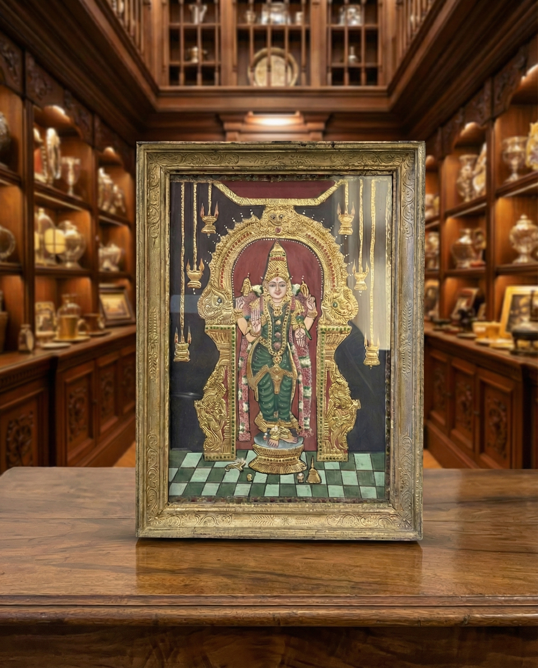 Antique-Goddess Meenakshi Tanjore Painting with Kirtimukha Arch | Framed