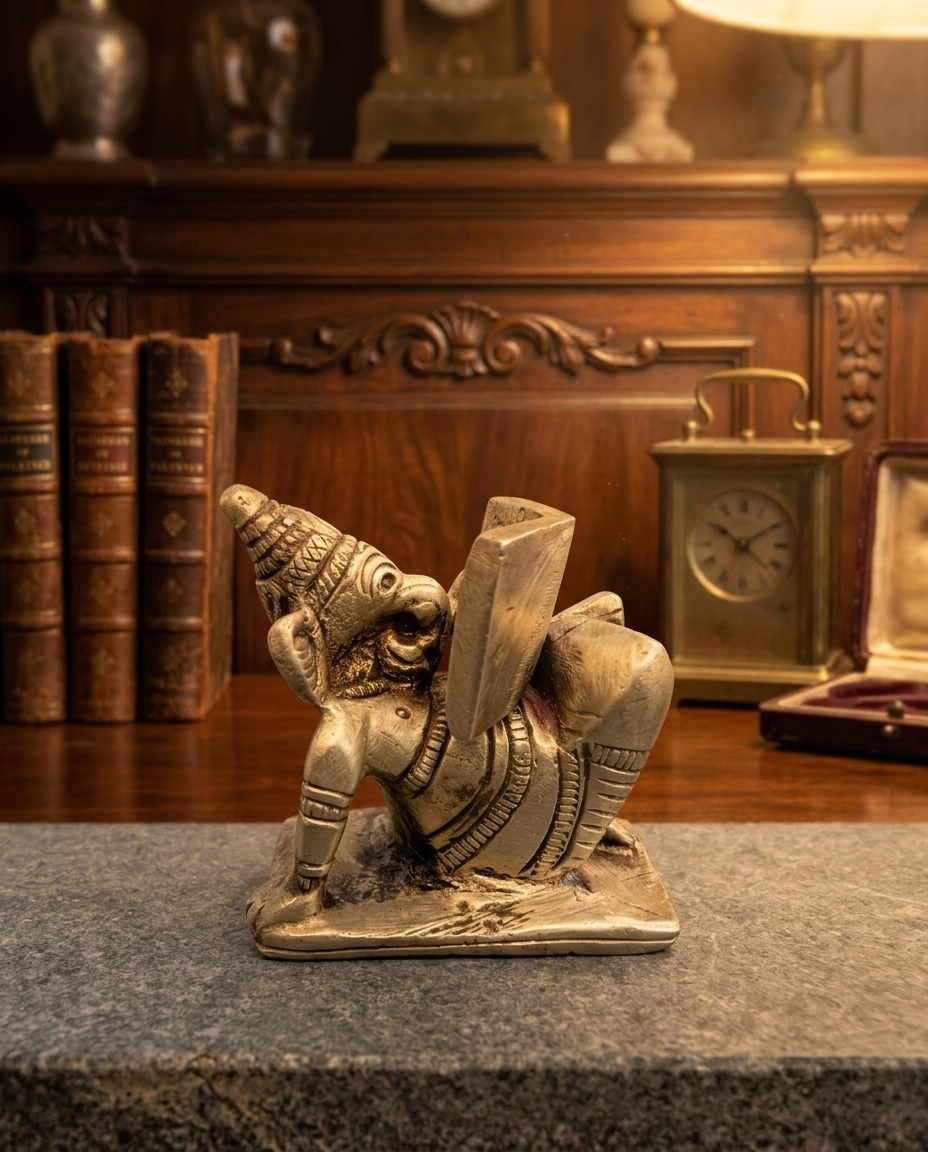 Rare Antique Handicrafted Brass Reclining  Ganesha Reading Sculpture – South Indian Collectible