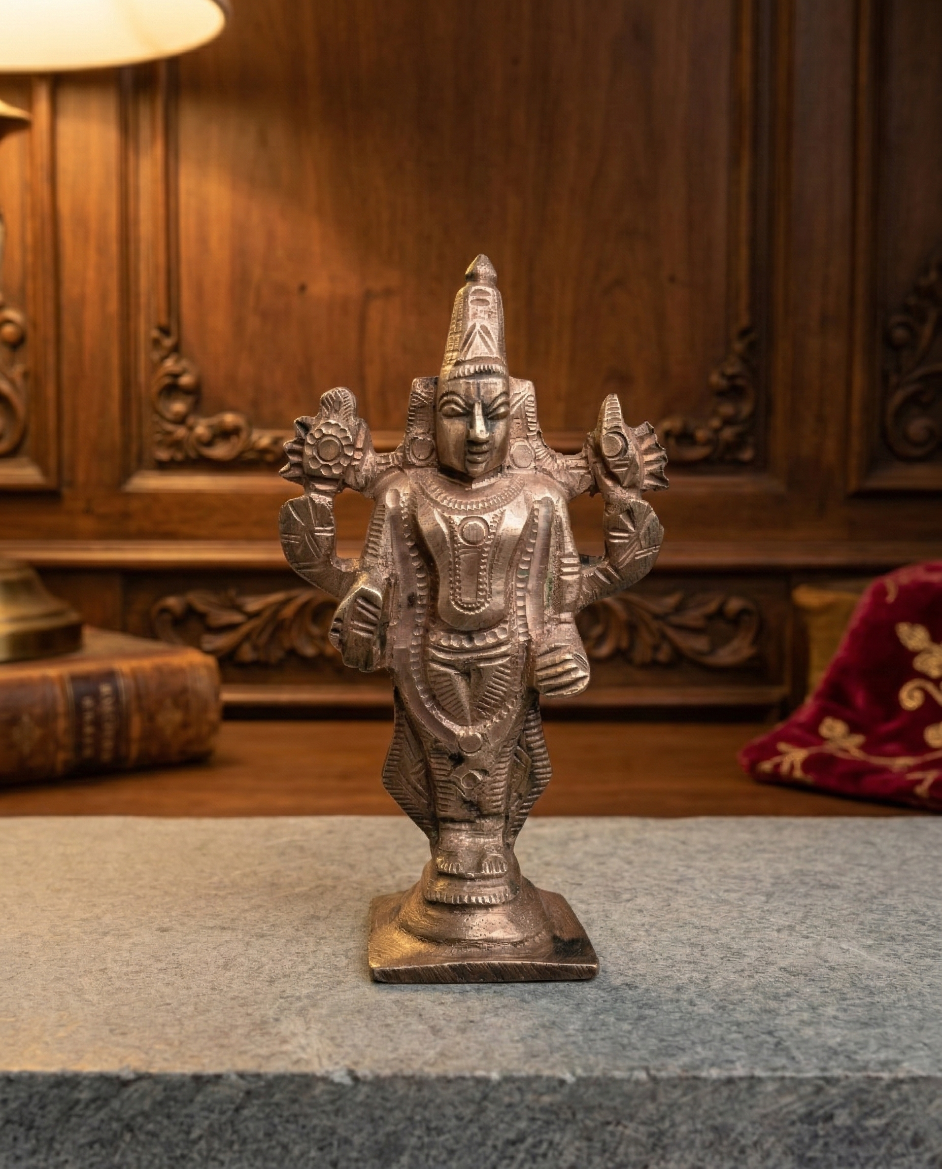 Antique Handcrafted Copper Lord Vishnu Statue – Traditional South Indian Temple Style Idol