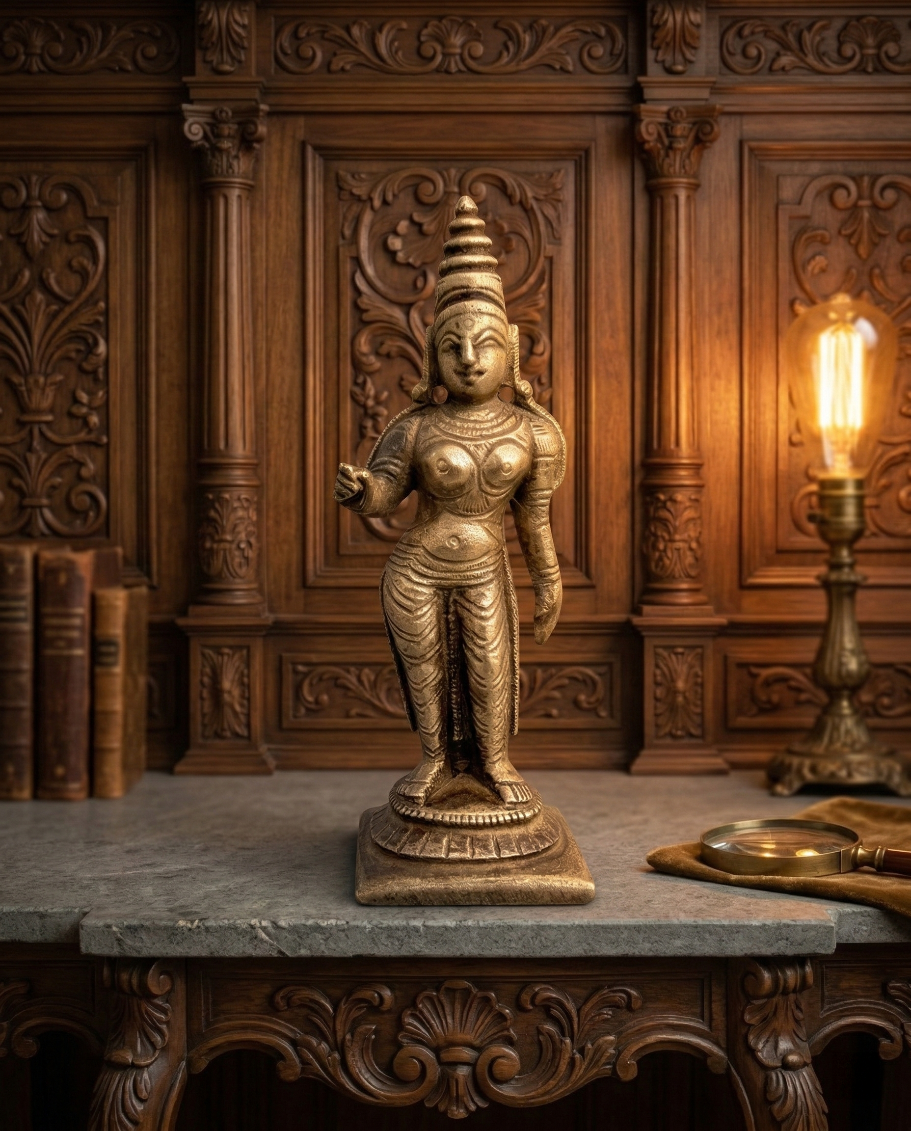 Antique Handcrafted Brass Goddess Parvati Statue – Traditional South Indian Temple Style Idol