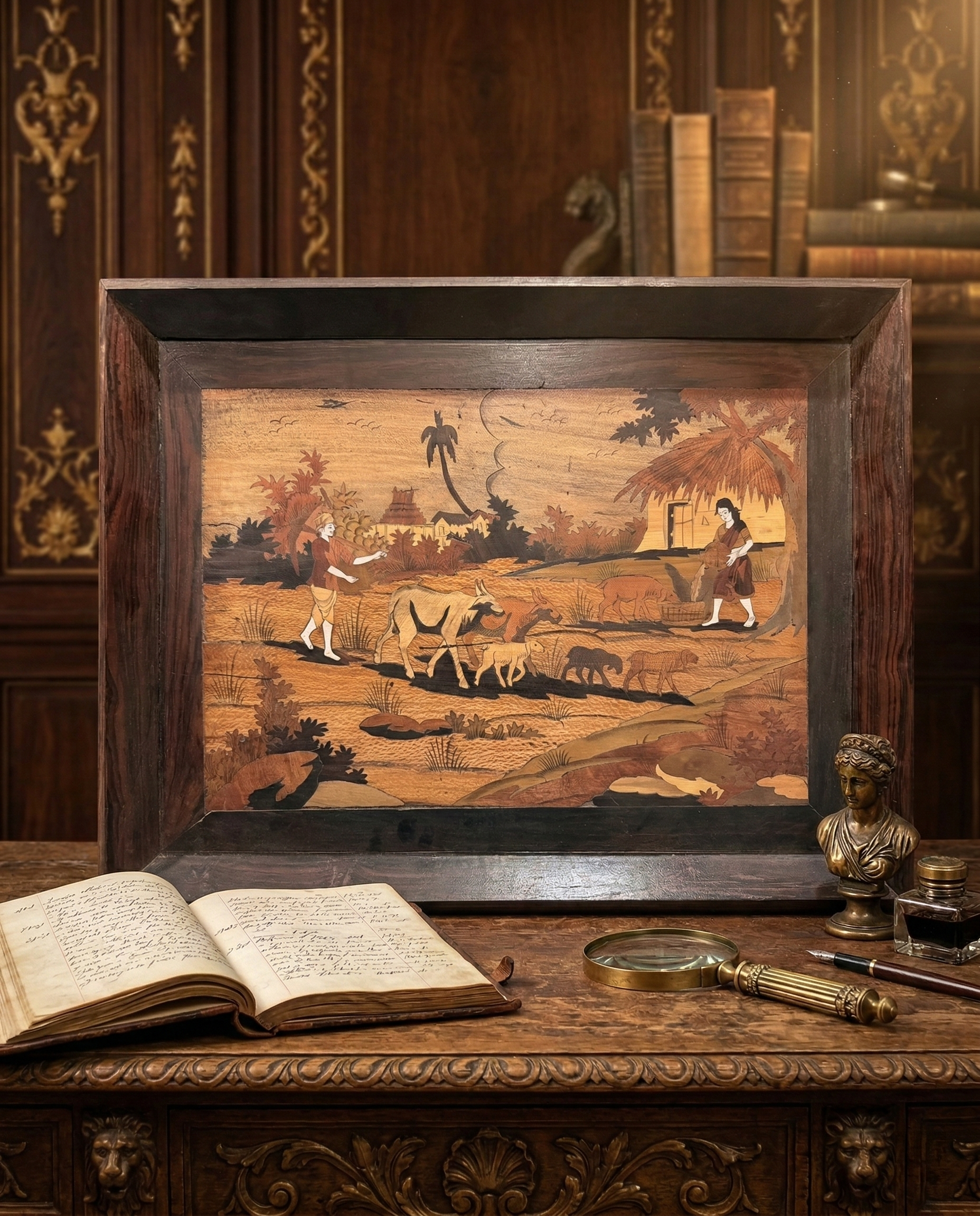 Antique Mysore Rosewood Inlay Panel – Rural Village Life