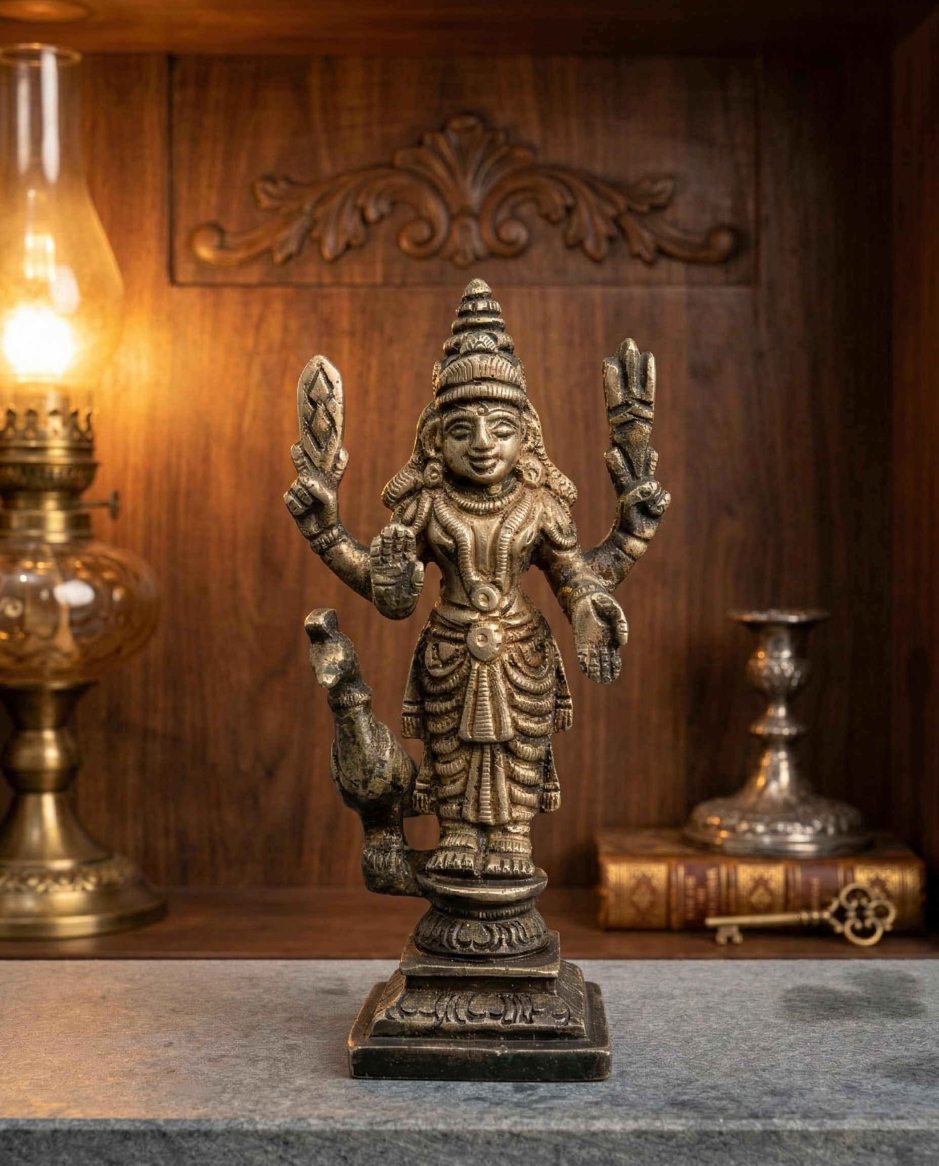 Antique Handcrafted Brass Lord Murugan with Peacock – Traditional Kartikeya Idol