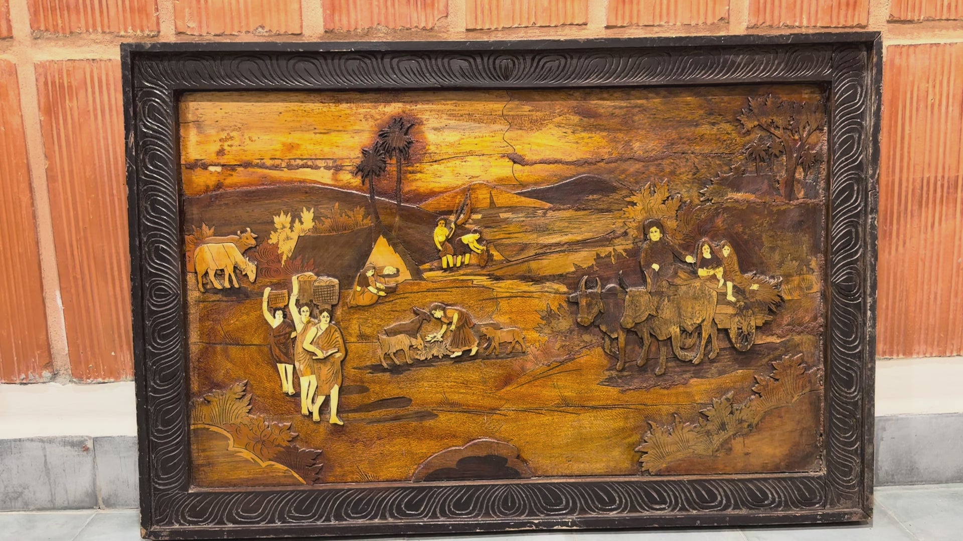 Vintage Hand-Carved Indian Village Life Panel – Framed Wooden Relief Artwork